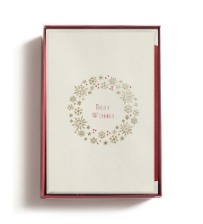 Holiday Greeting Cards - Embossed Gold Snowflake Wreath - Red Best Wishes 